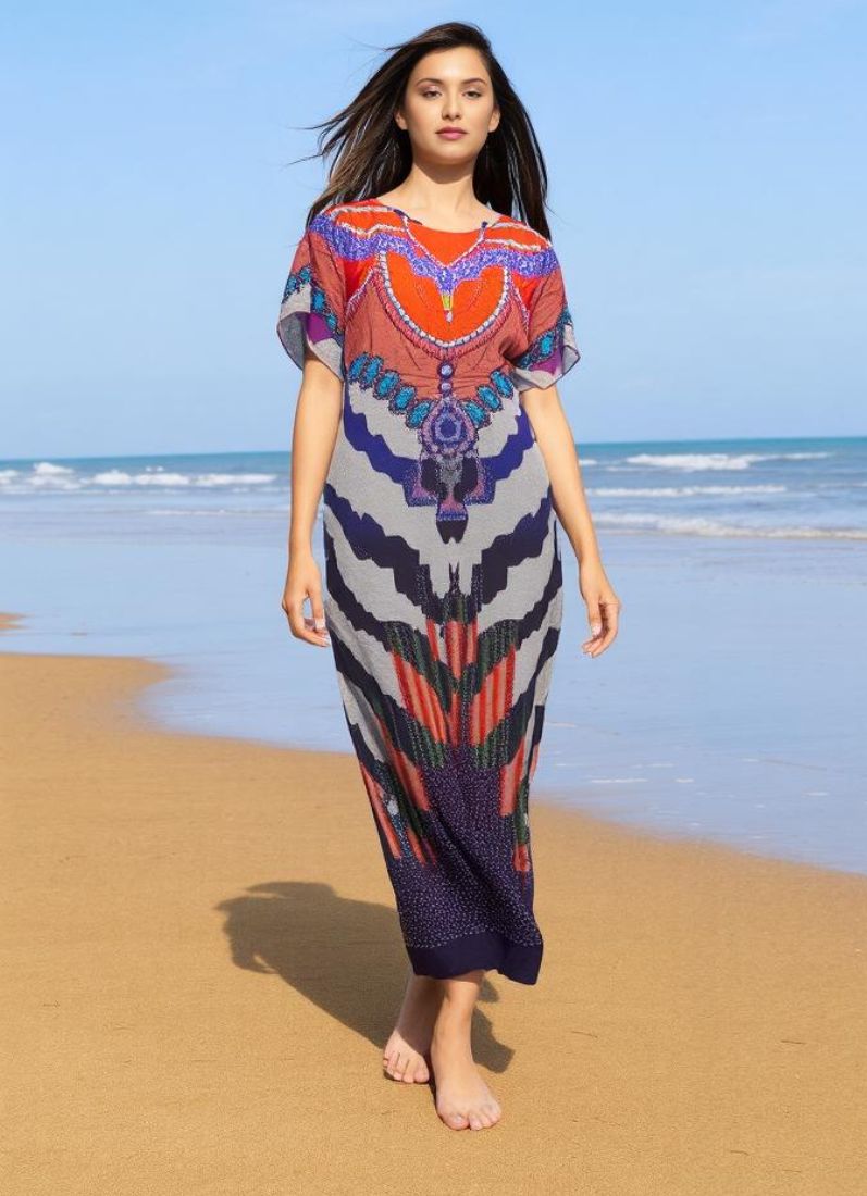 Rust Digital Print Kaftan With Silver Stone Embroidery