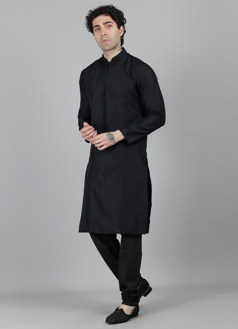Men's Black Jacquard Kurta Payjama Set