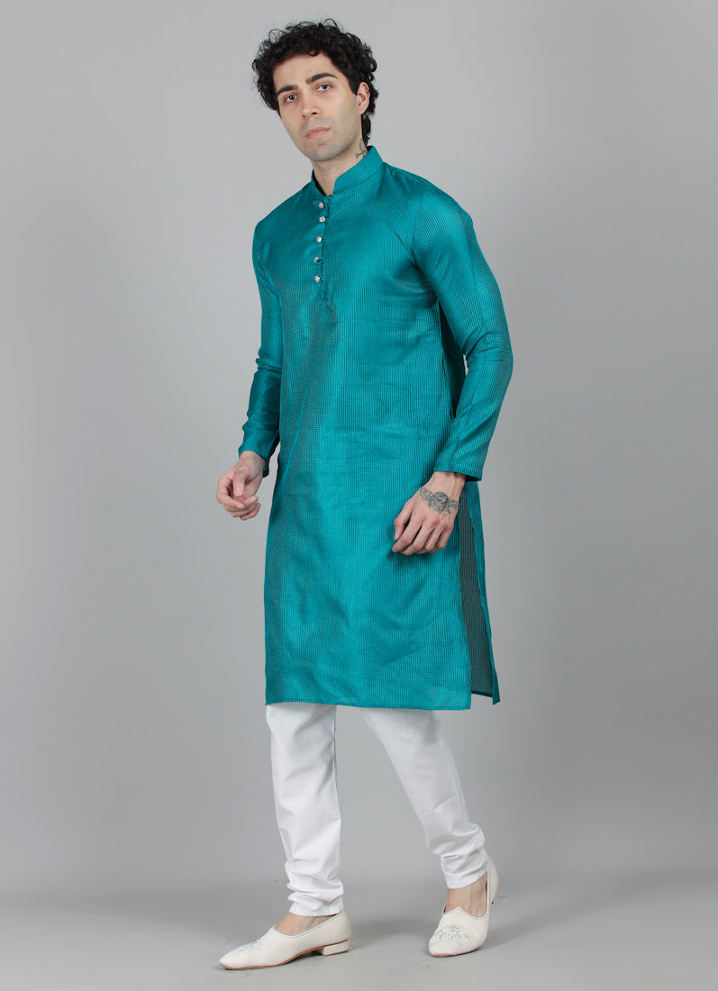 Men's Teal Blue Embroidered Kurta Payjama Set