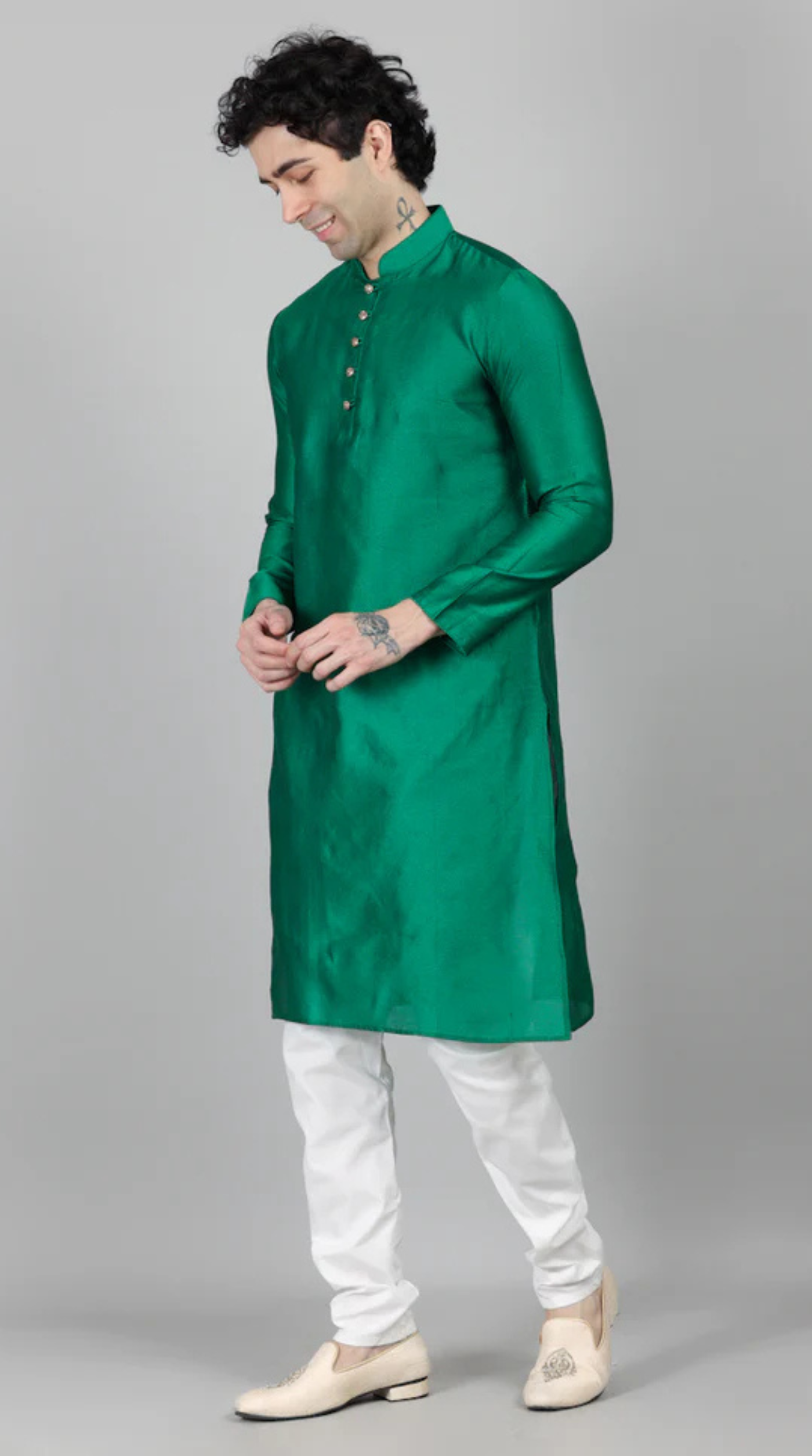 Men's Green Jacquard Kurta Payjama Set