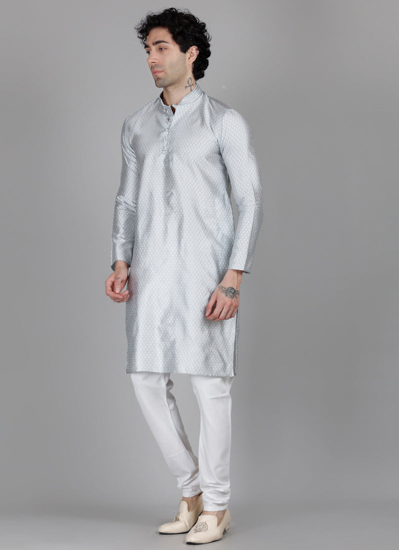 Men's Grey Self Brocade Kurta Payjama Set