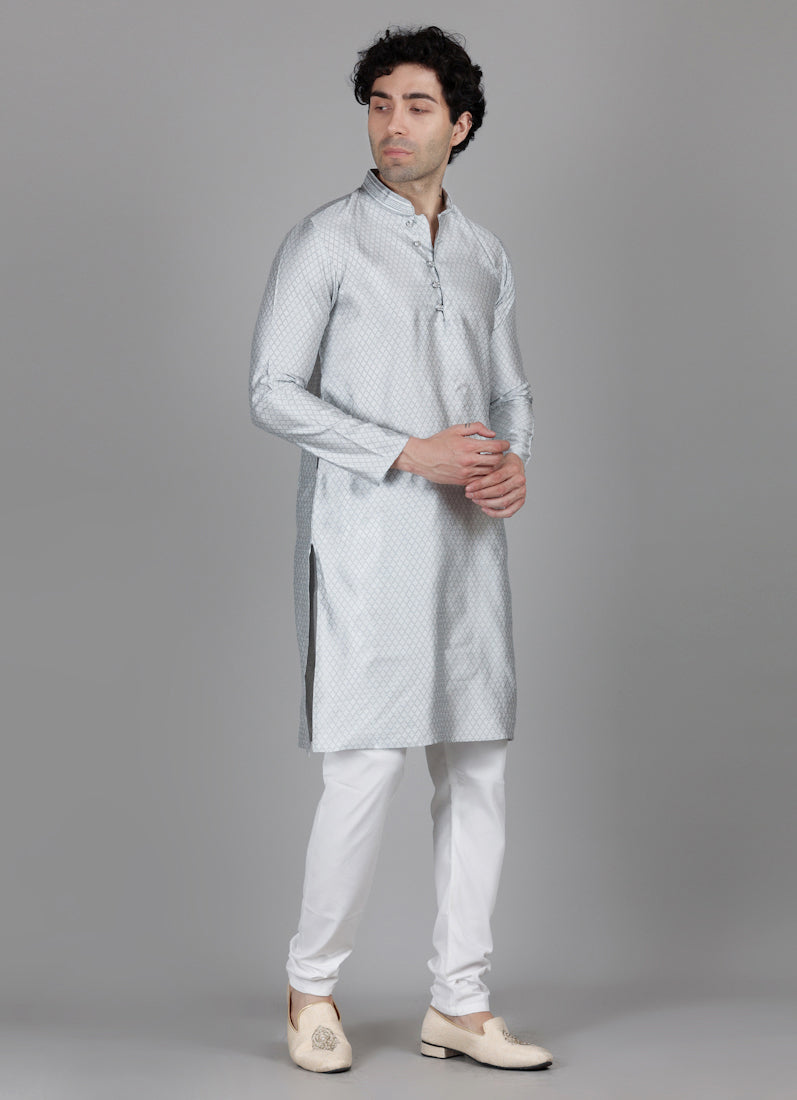 Men's Grey Self Brocade Kurta Payjama Set