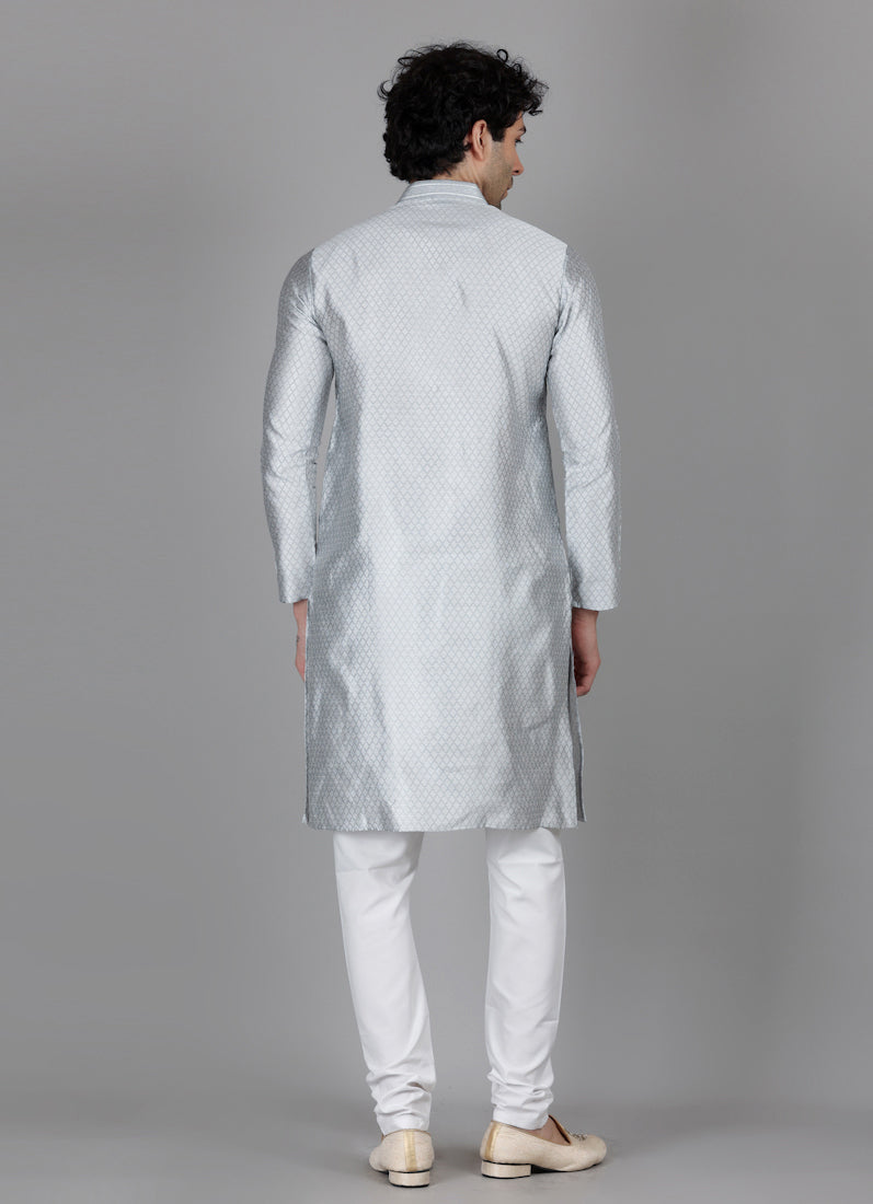Men's Grey Self Brocade Kurta Payjama Set