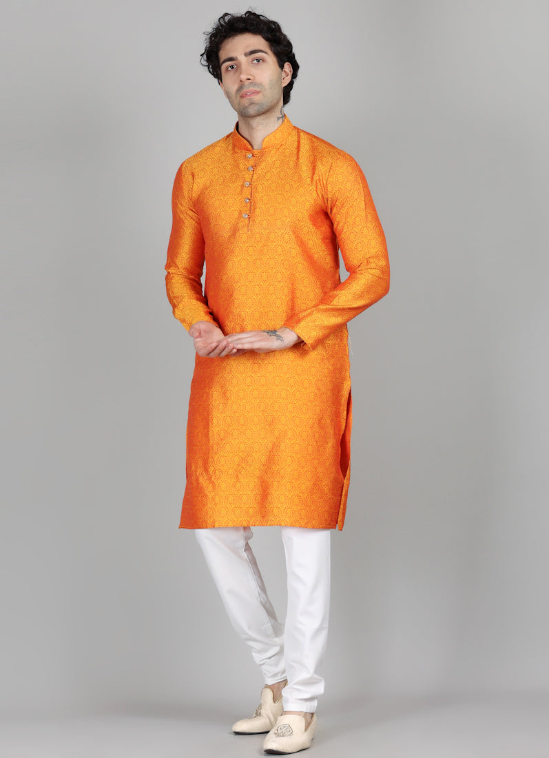 Men's Burnt Orange Jacquard Kurta Payjama Set