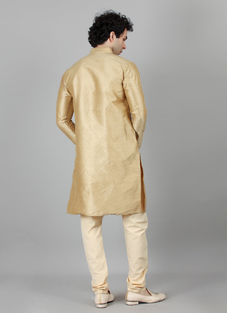 Men's Gold Self Jacquard Kurta Payjama Set