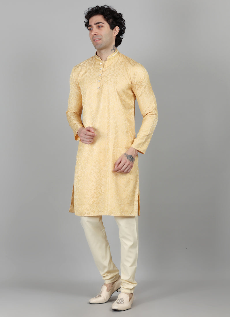 Mens Cream With Gold Brocade Kjurta Payjama Set