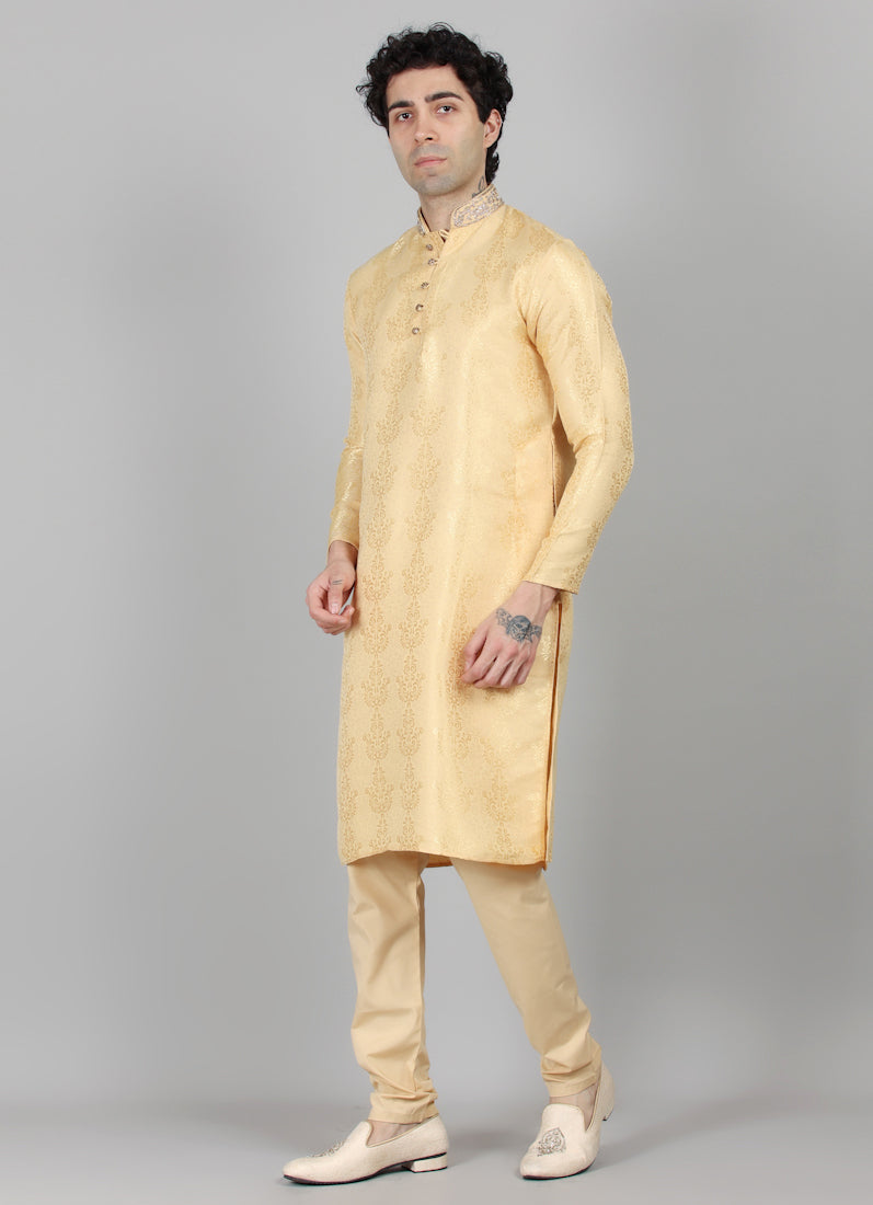 Men's Gold Self Brocade Embroidered Collar Set