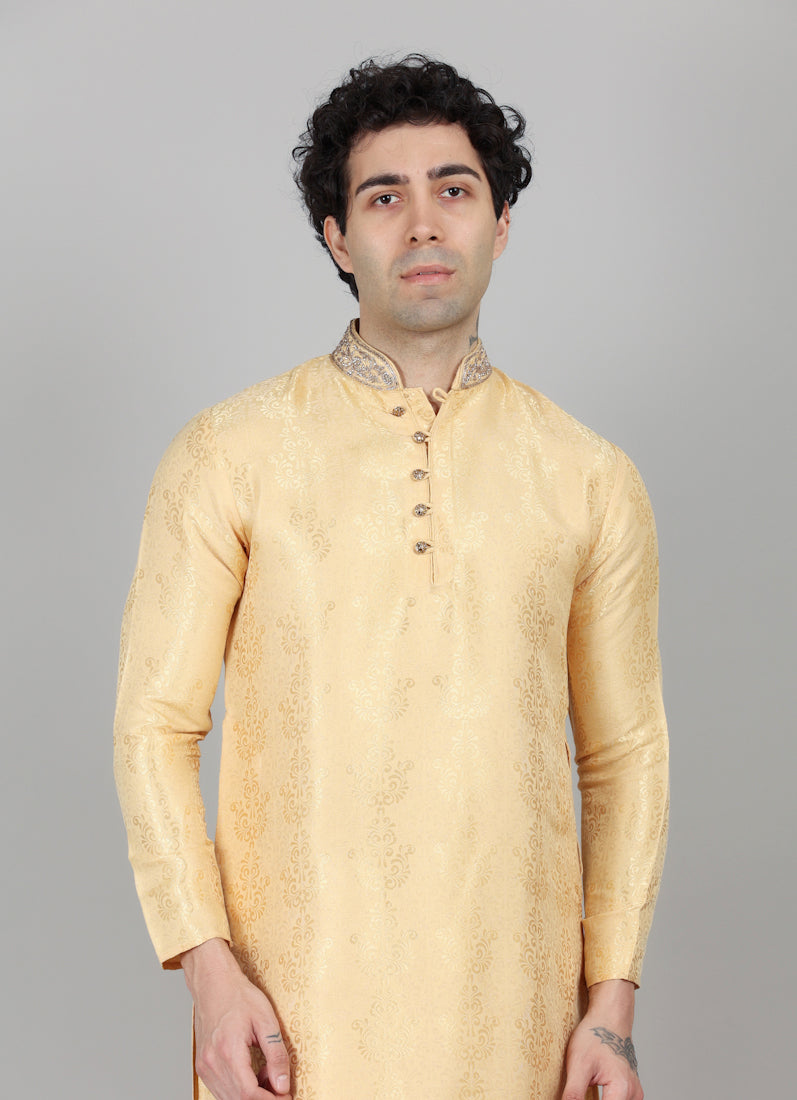 Men's Gold Self Brocade Embroidered Collar Set