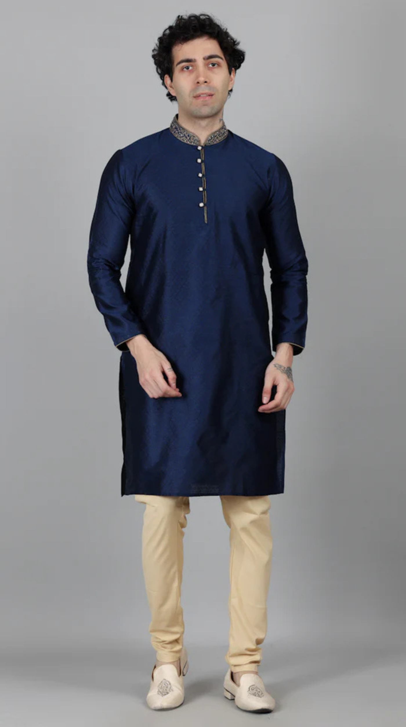 Men's Navy Blue Self Resham Jacquard Embroidered Set