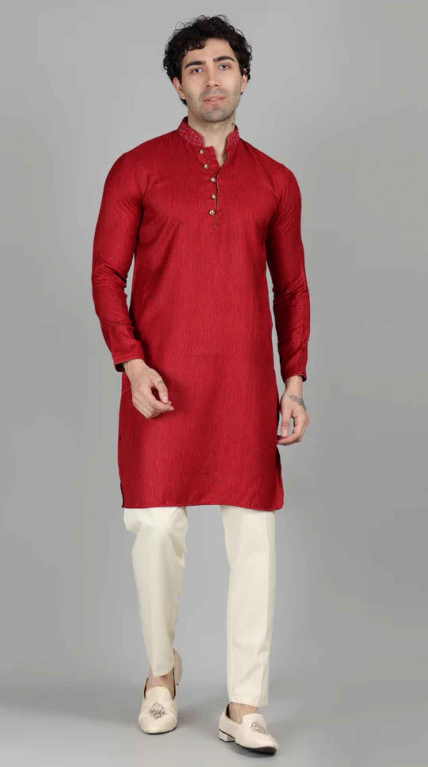 Men's Maroon Self Resham Jacquard Embroidered Set