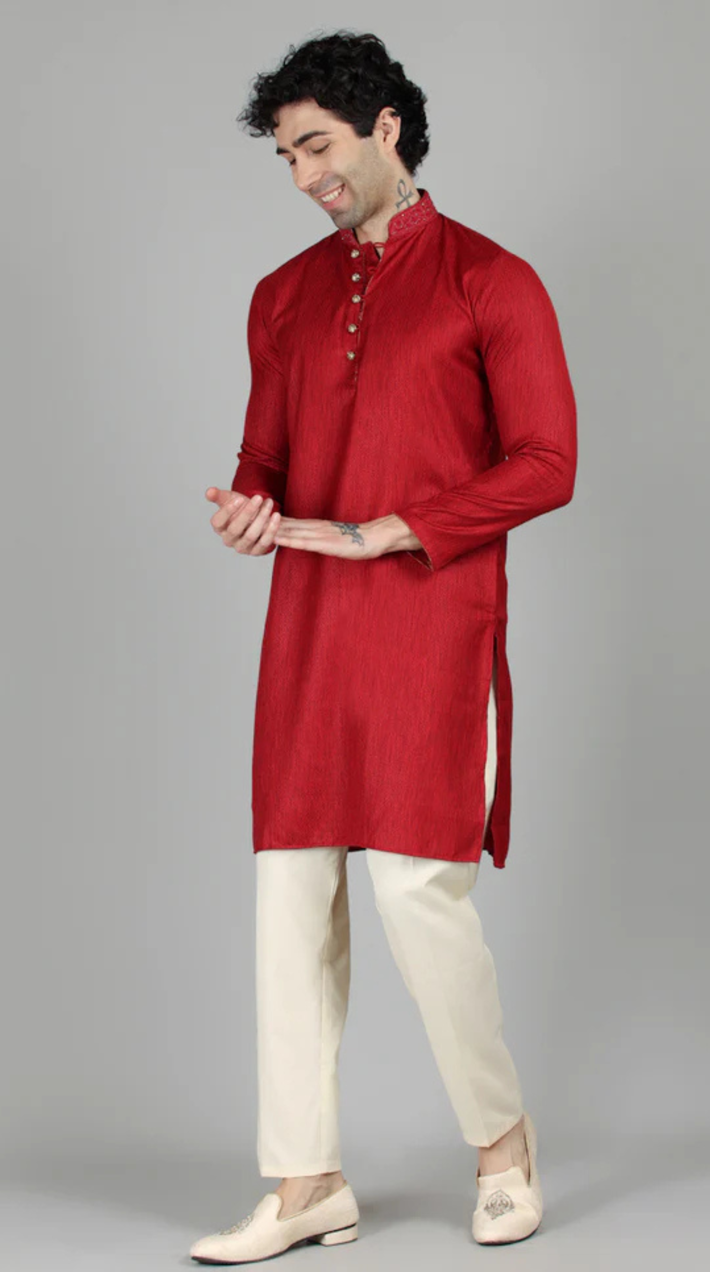Men's Maroon Self Resham Jacquard Embroidered Set