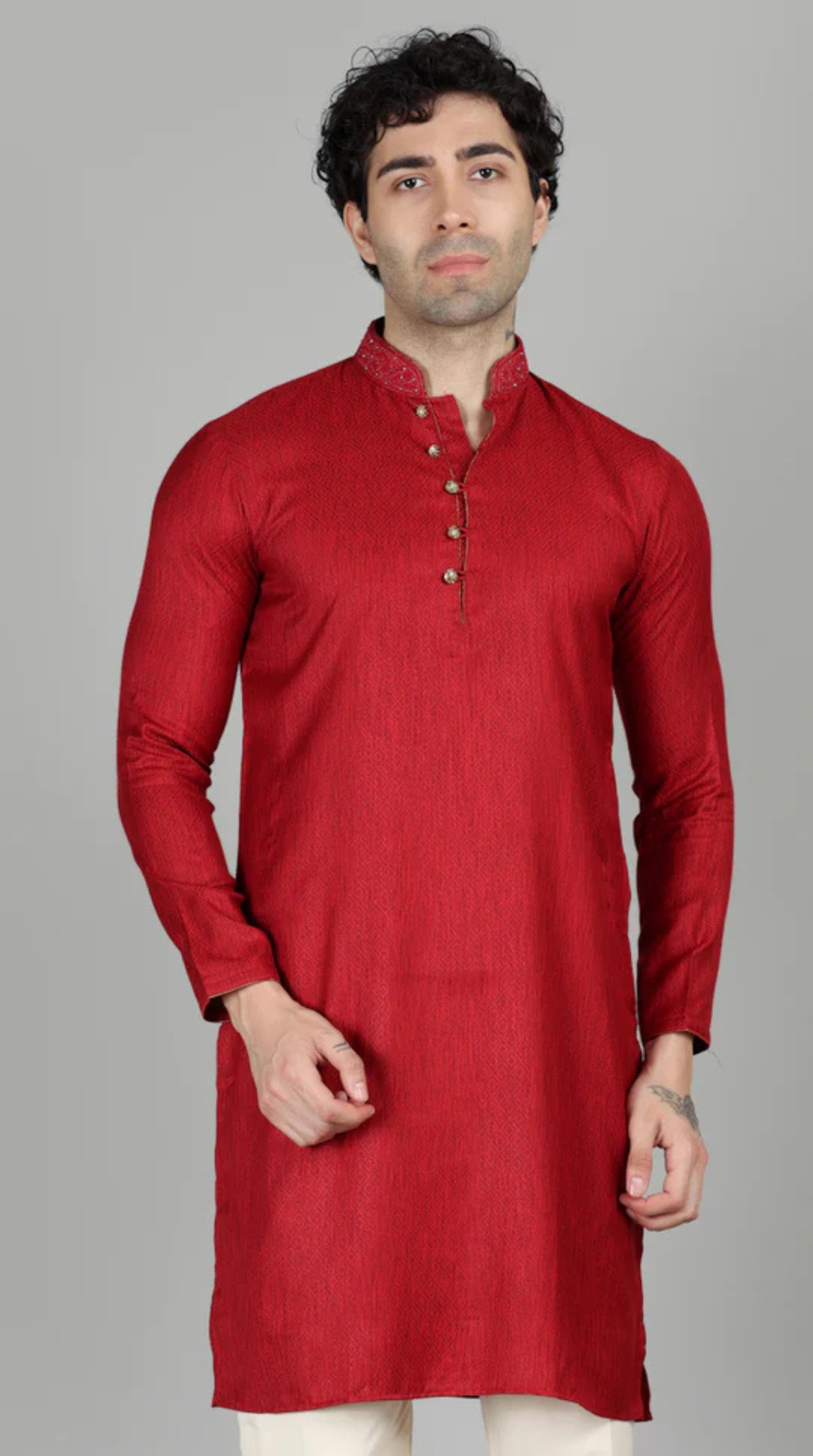 Men's Maroon Self Resham Jacquard Embroidered Set