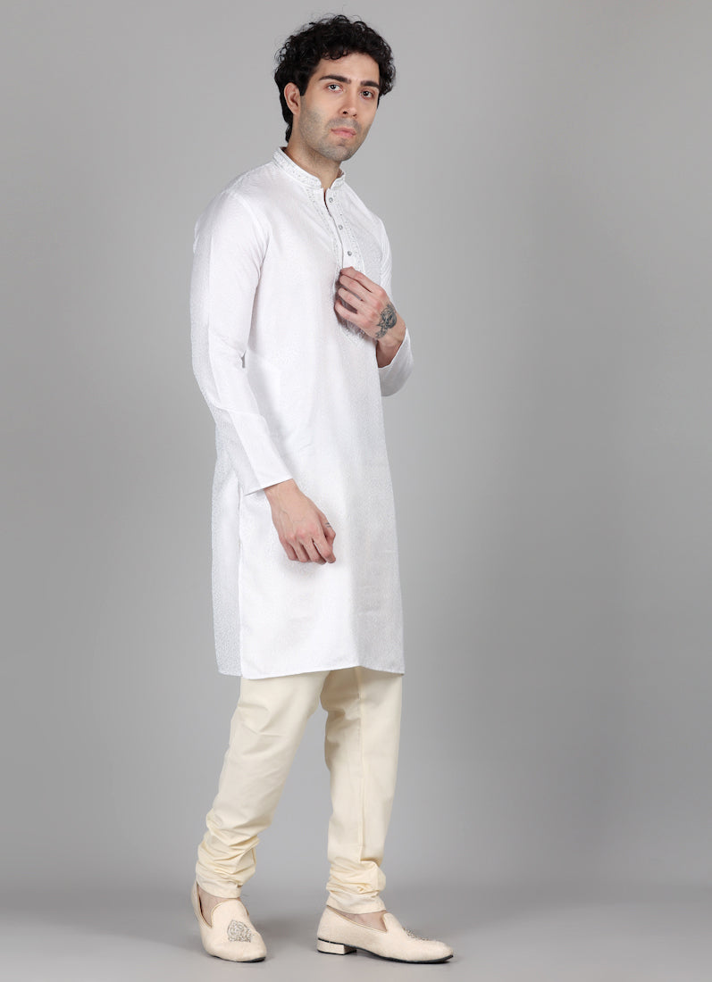 Men's Cream jacquard Resham Embroidered Payjama Set