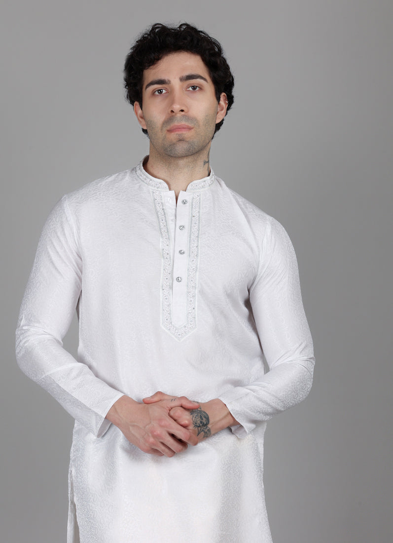 Men's Cream jacquard Resham Embroidered Payjama Set
