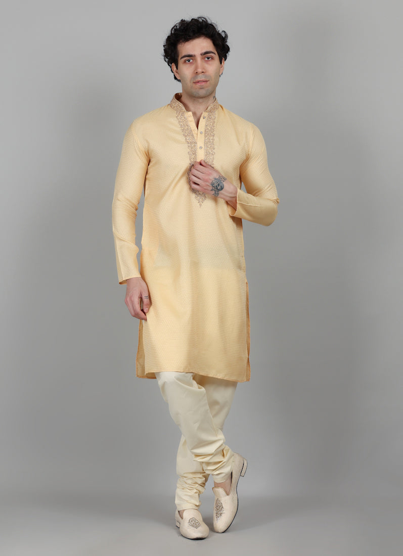 Men's Gold Self Resham Brocade Zari Embroidered Set
