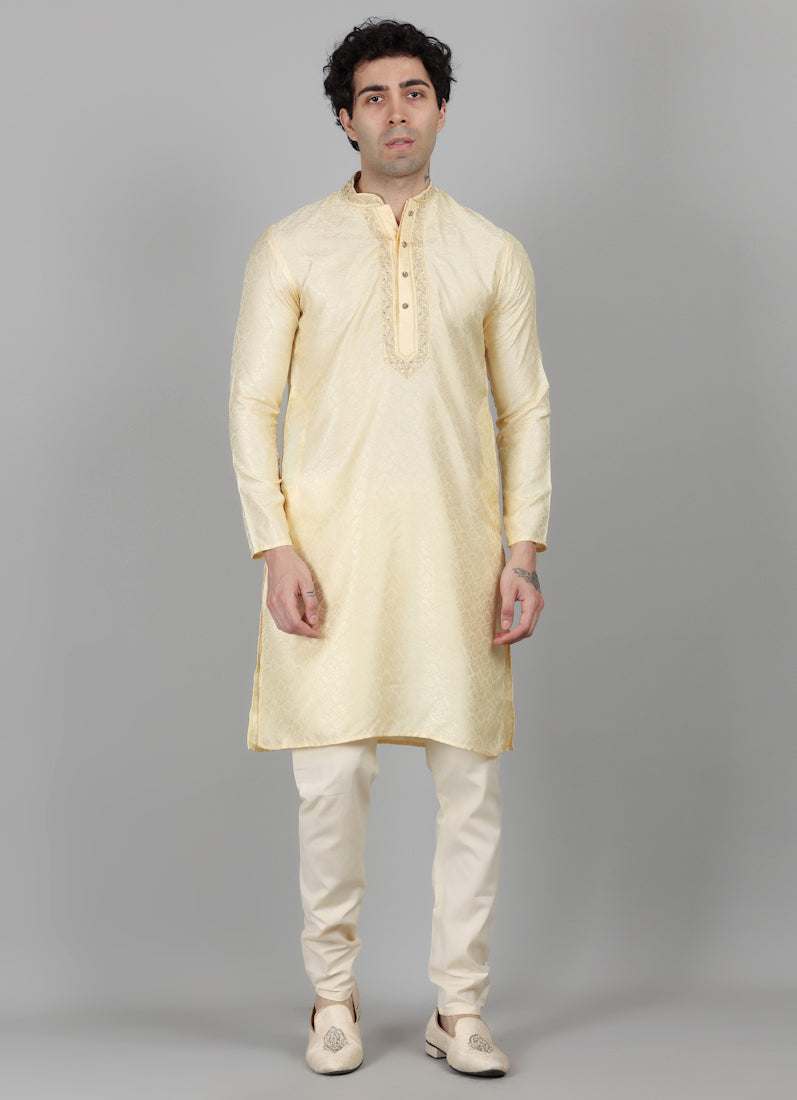 Men's Gold Resham Brocade Embroidered Kurta Payjama Set