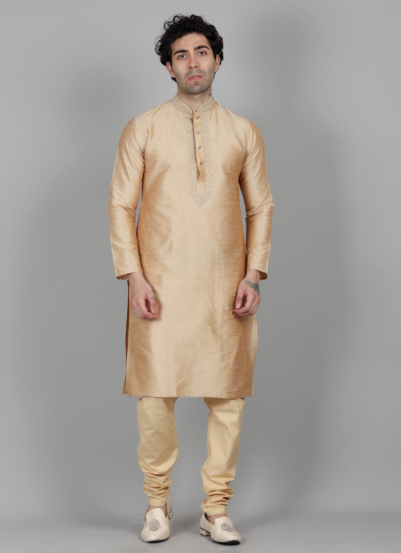 Men's Beige Resham Embroidered Kurta Payjama Set