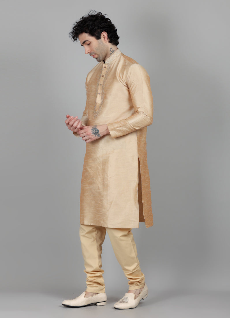 Men's Beige Resham Embroidered Kurta Payjama Set