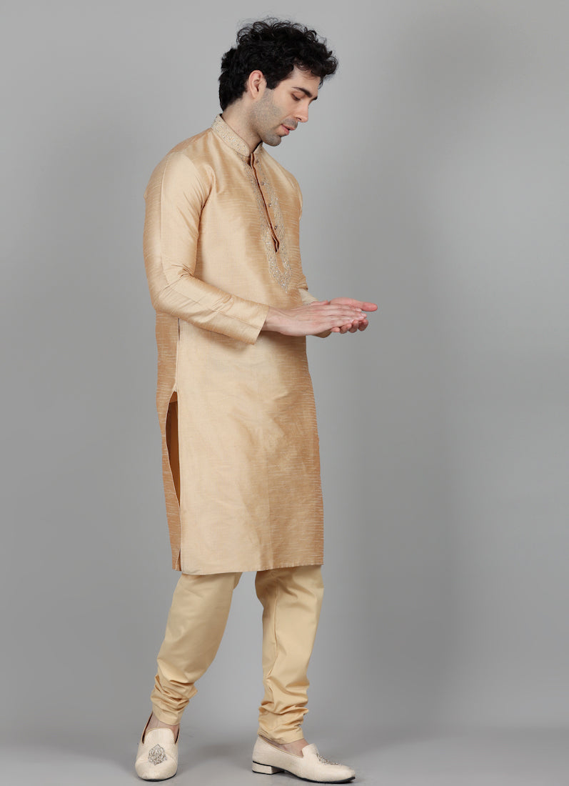 Men's Beige Resham Embroidered Kurta Payjama Set