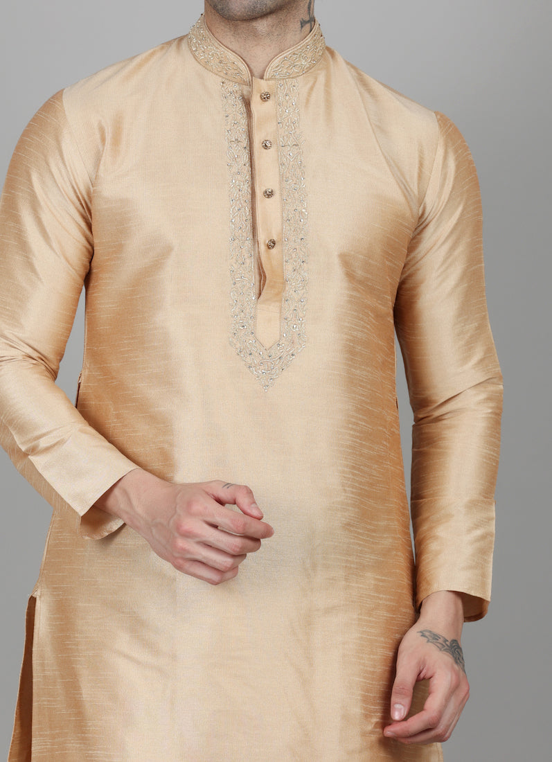 Men's Beige Resham Embroidered Kurta Payjama Set