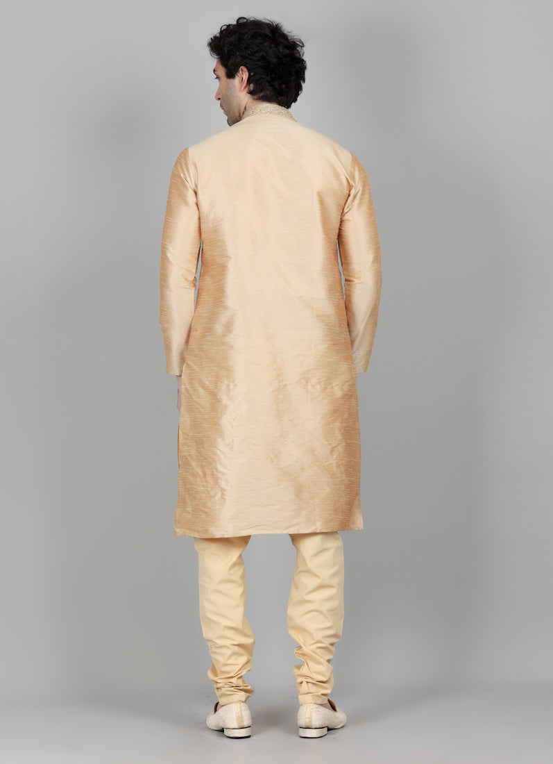 Men's Beige Resham Embroidered Kurta Payjama Set