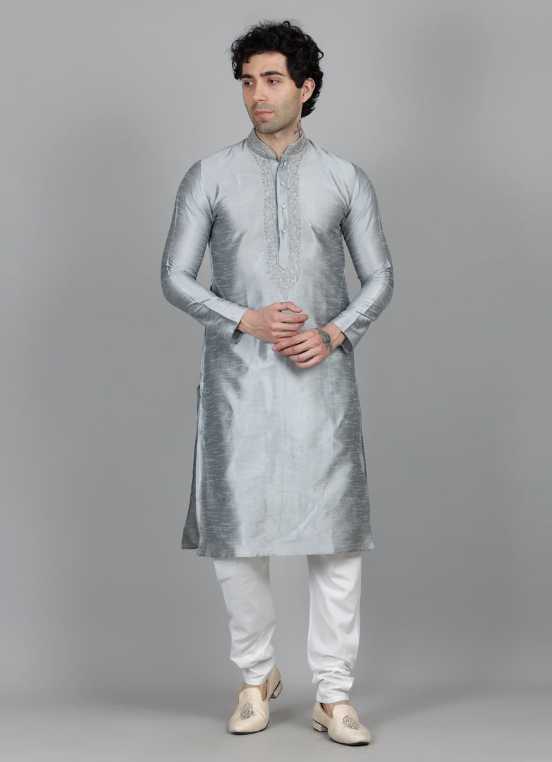 Men's Grey Resham Embroidered Kurta Payjama Set