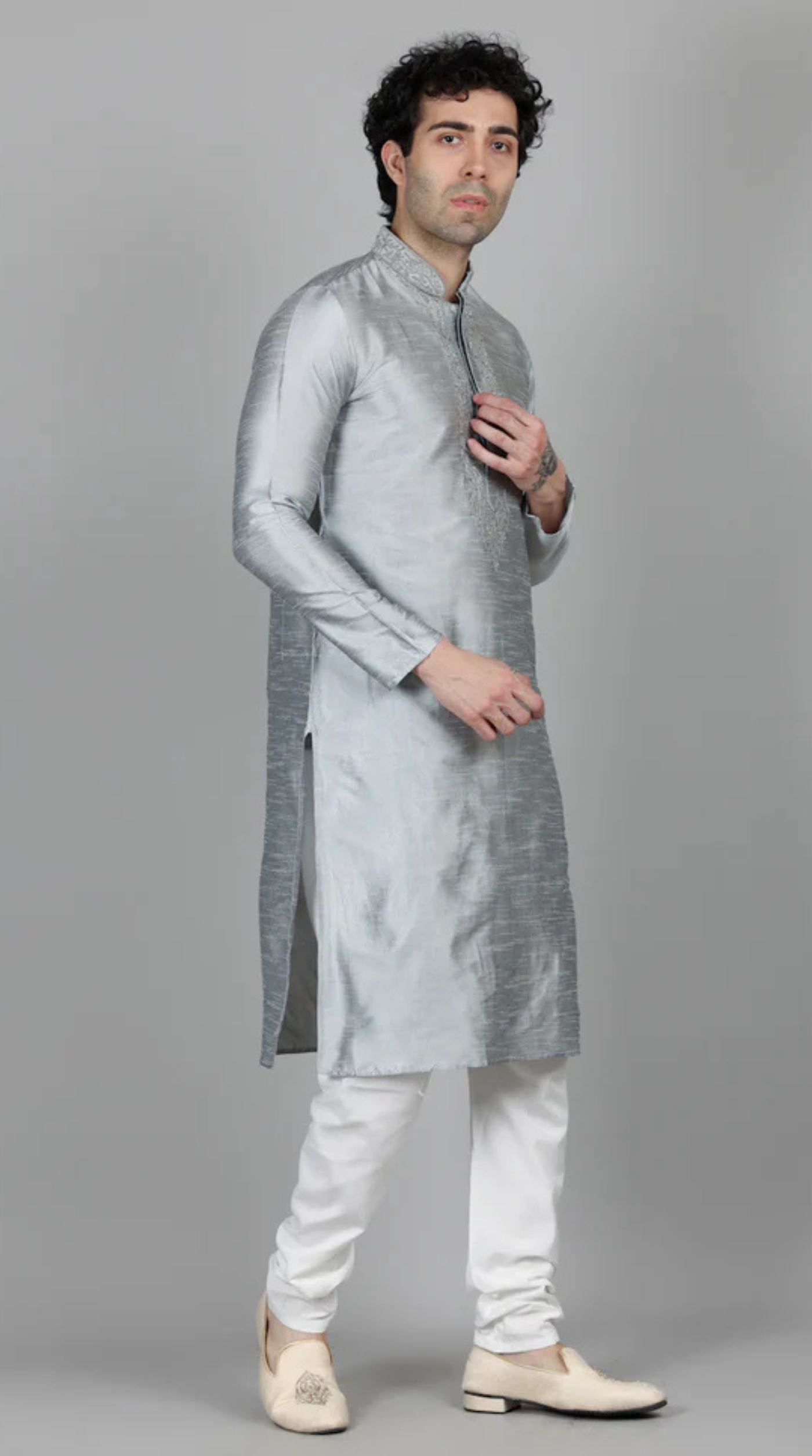 Men's Grey Resham Embroidered Kurta Payjama Set