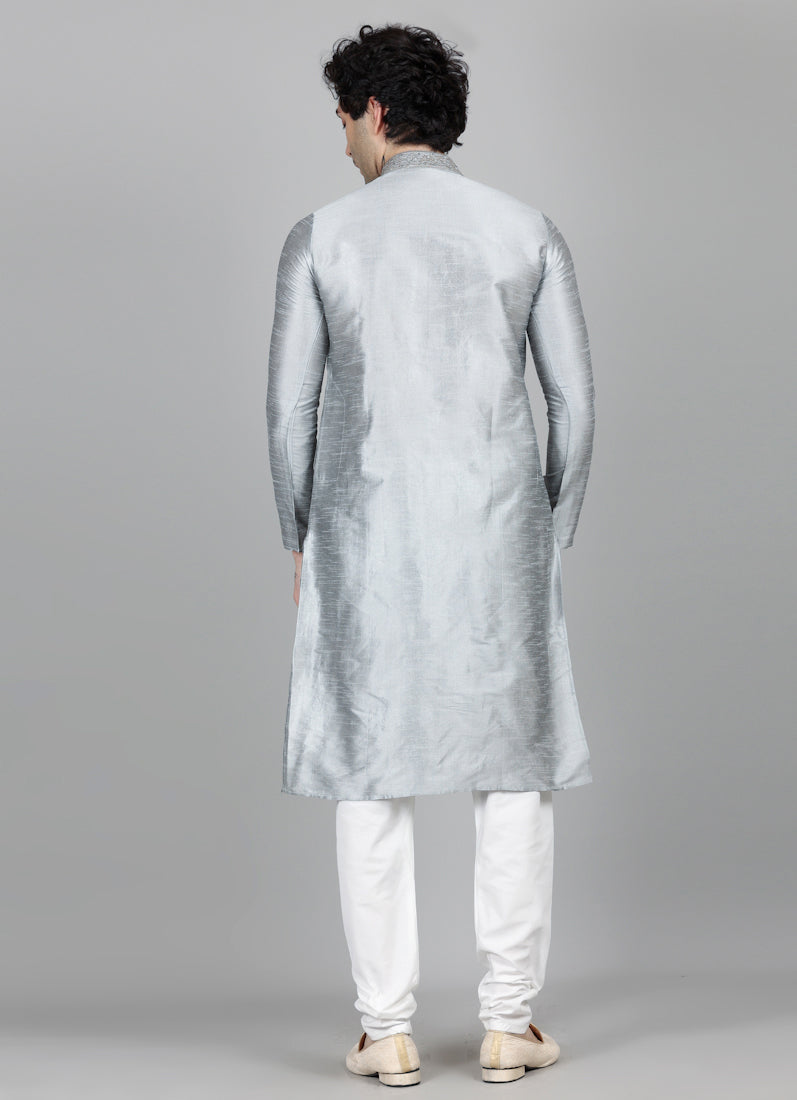 Men's Grey Resham Embroidered Kurta Payjama Set