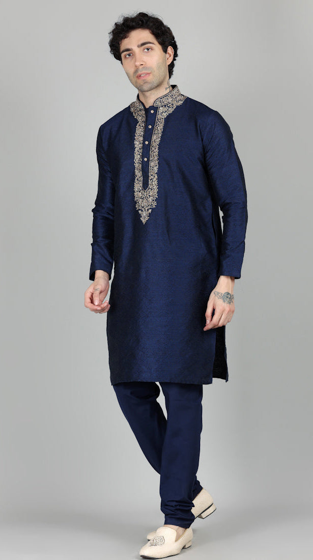 Men's Navy Blue Jacquard Gold Embroidered Set