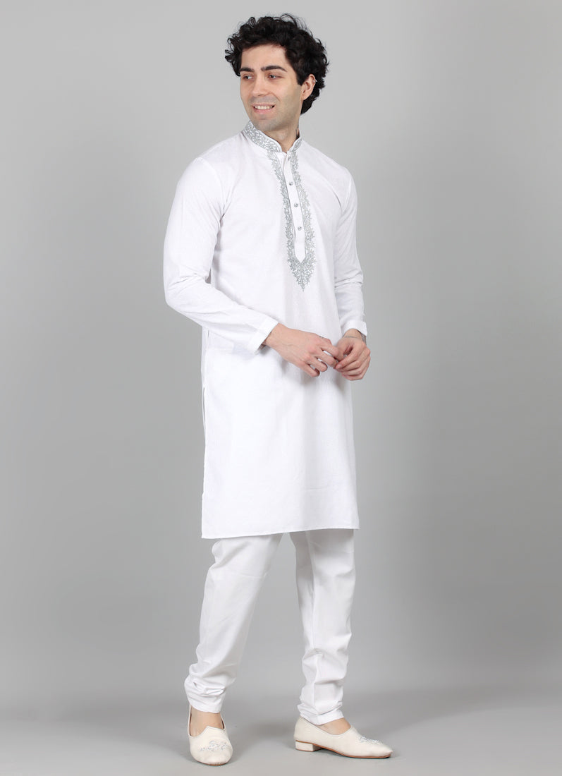 Men's White Resham Brocade Embroidered Set