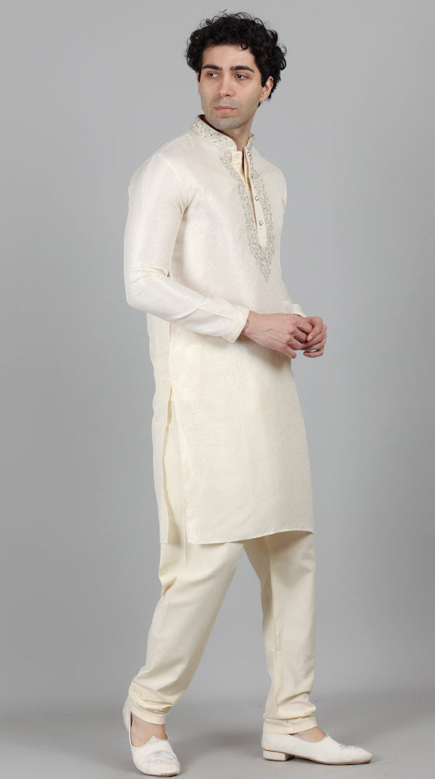 Men's Cream Resham Brocade Zari Embroidered Set