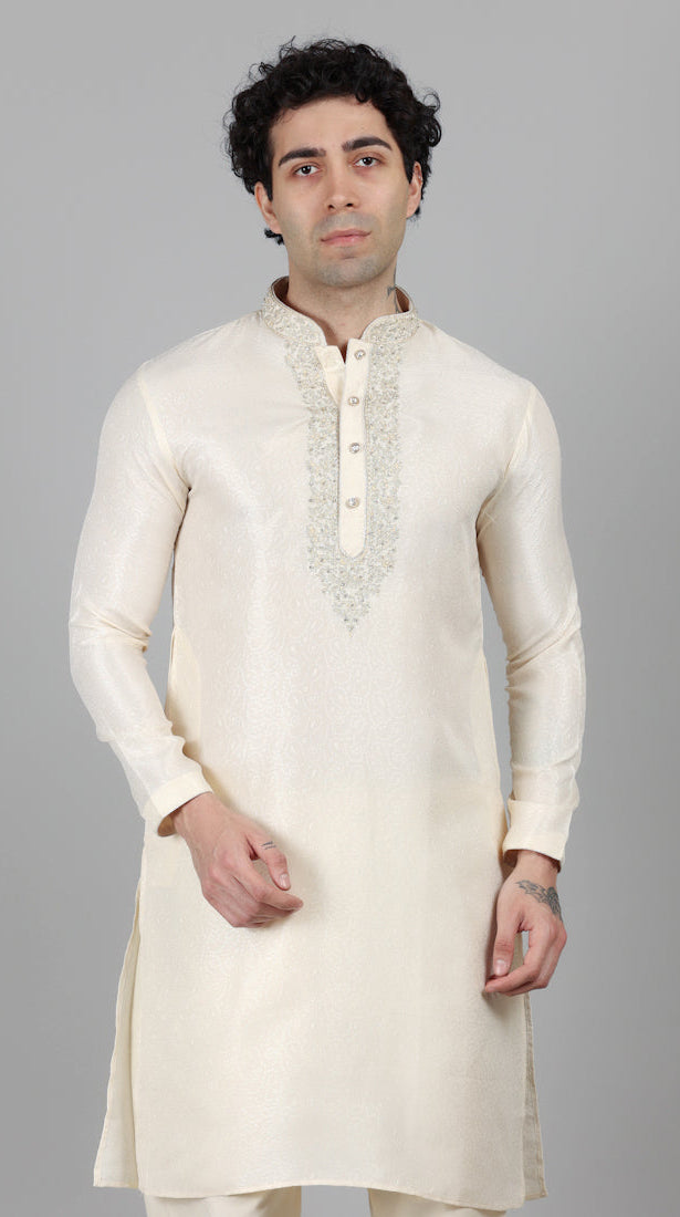 Men's Cream Resham Brocade Zari Embroidered Set