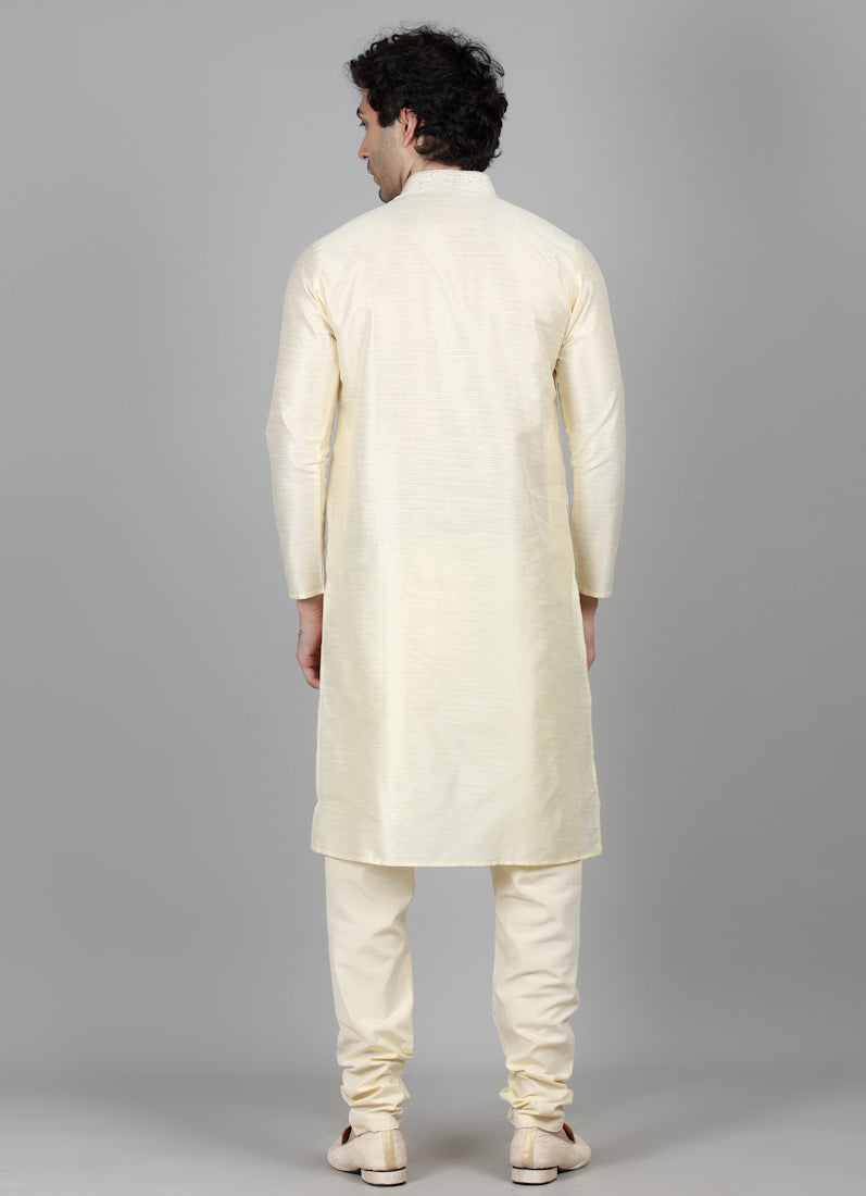 Men's Light Gold Resham Embroidered Kurta Payjama Set