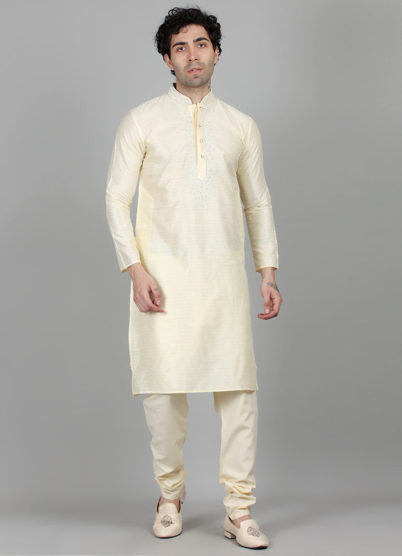 Men's Light Gold Resham Embroidered Kurta Payjama Set