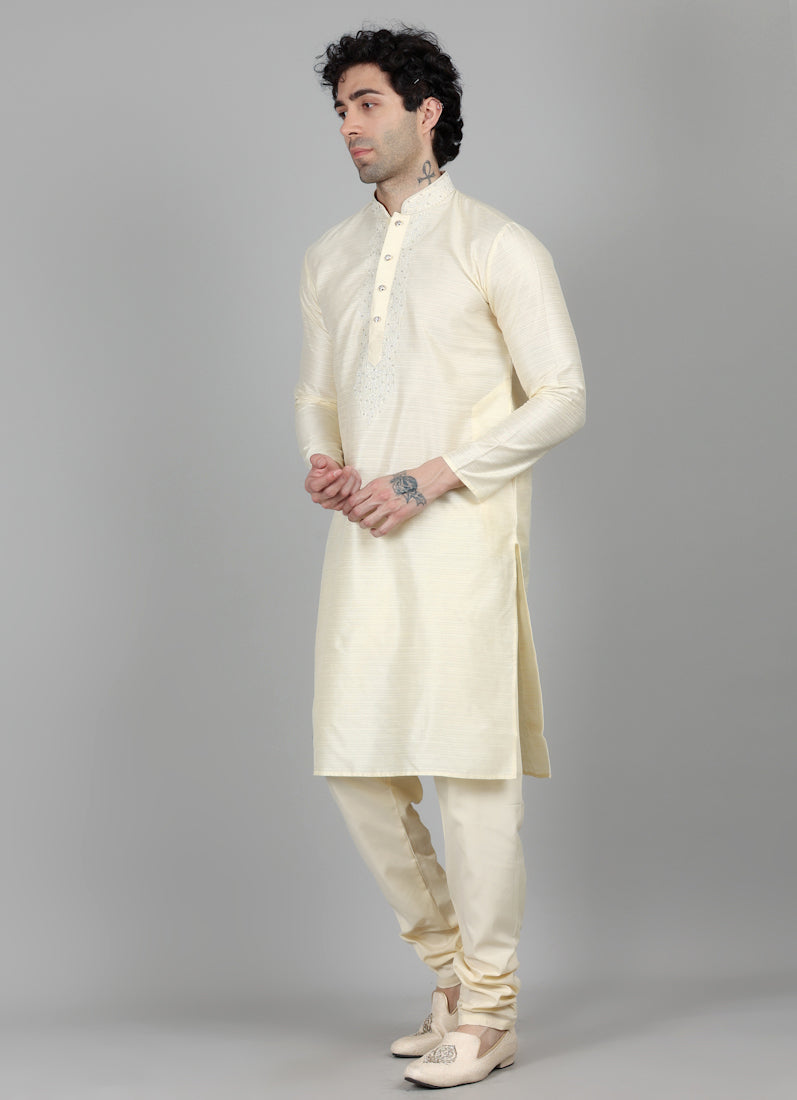 Men's Light Gold Resham Embroidered Kurta Payjama Set