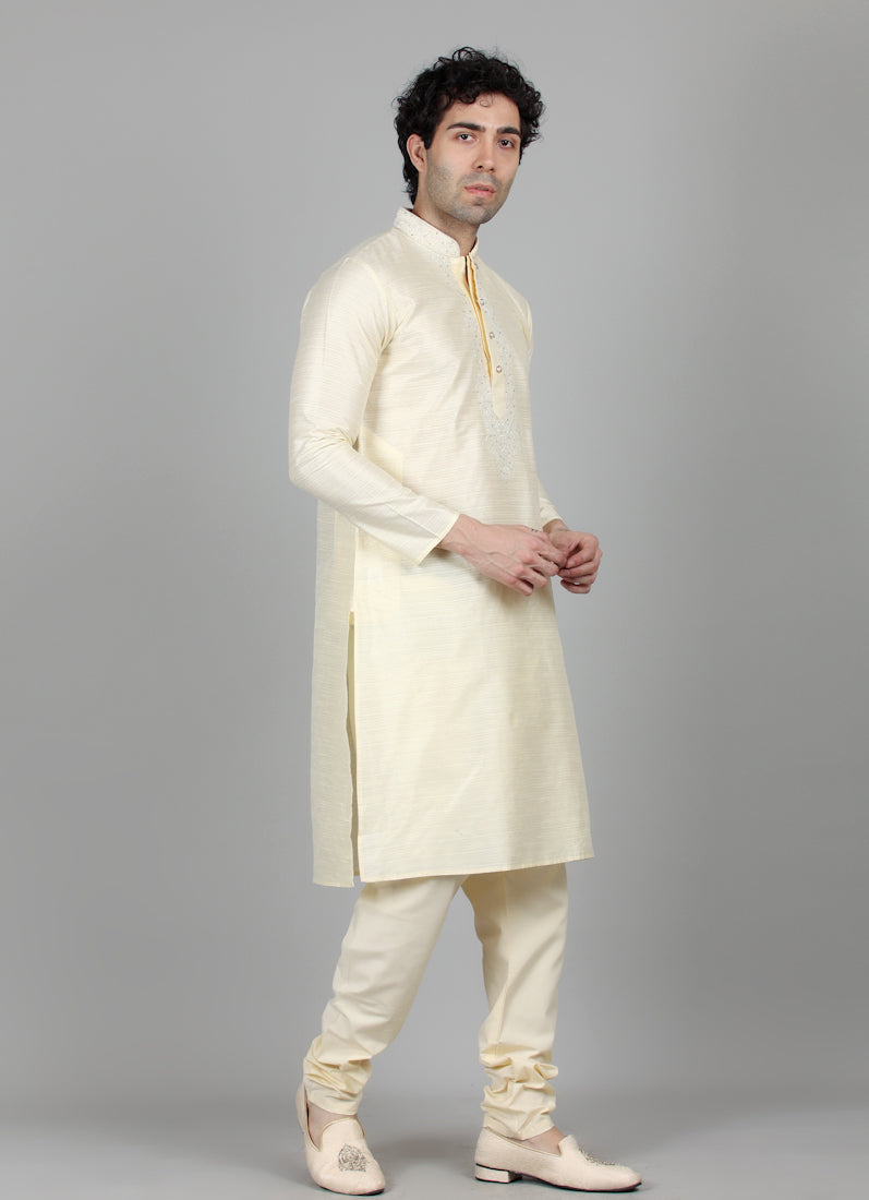 Men's Light Gold Resham Embroidered Kurta Payjama Set