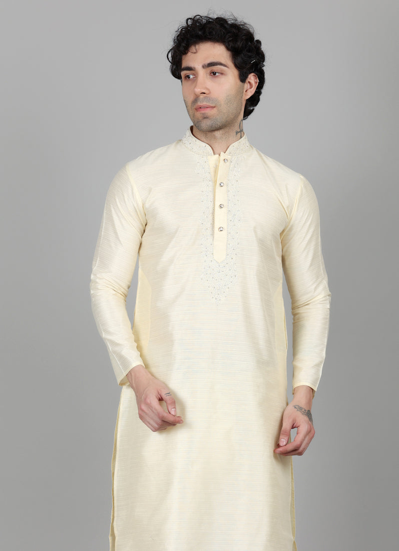 Men's Light Gold Resham Embroidered Kurta Payjama Set