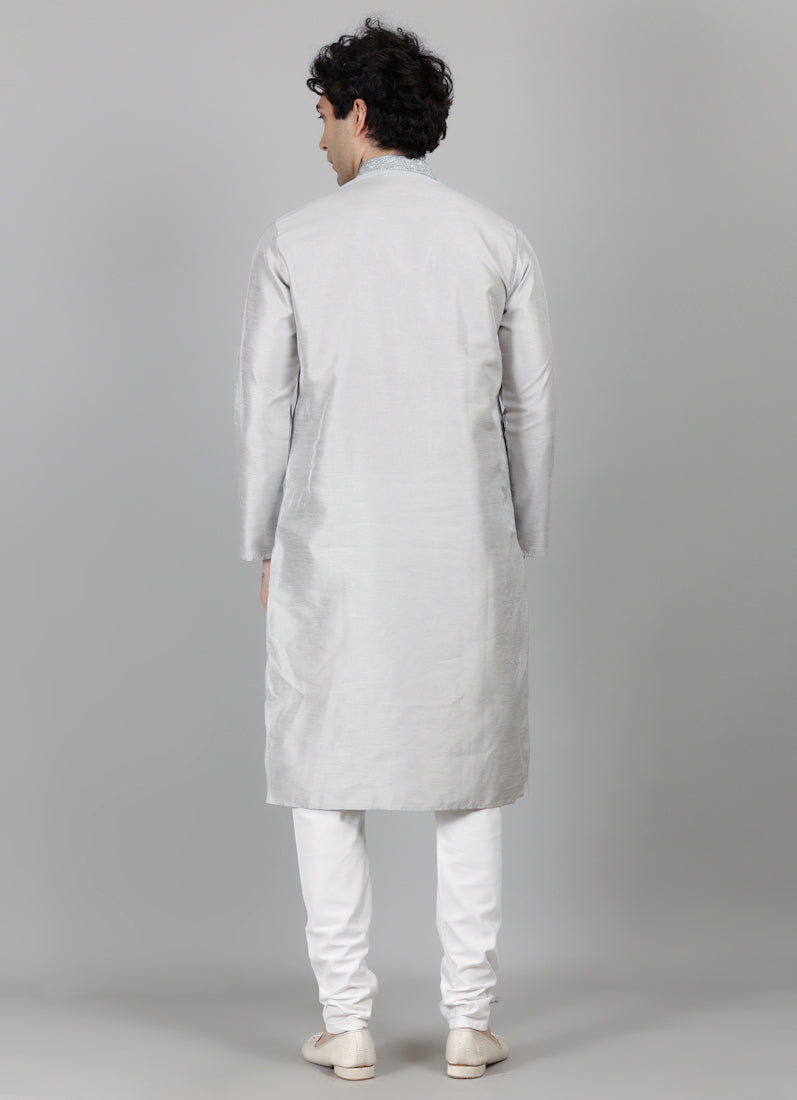 Men's Grey Zari Embroidered Kurta Payjama Set