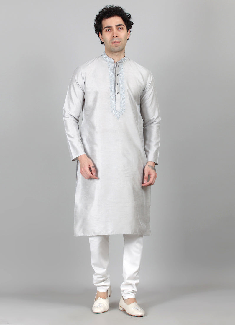Men's Grey Zari Embroidered Kurta Payjama Set
