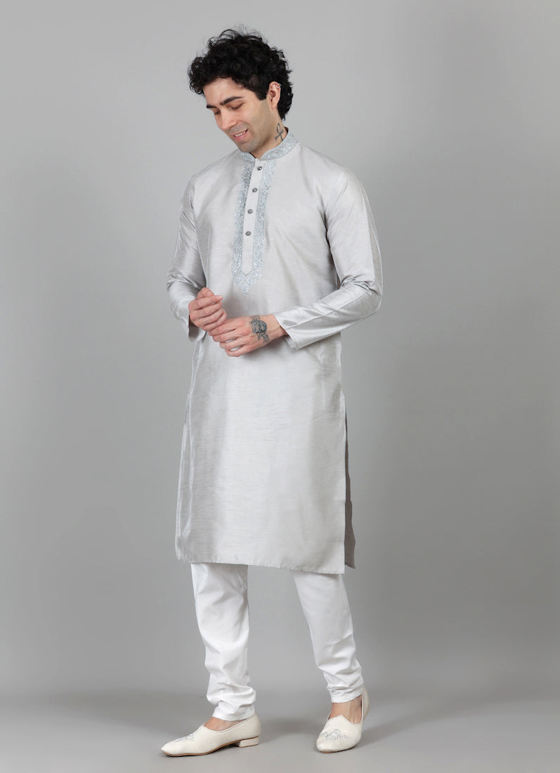 Men's Grey Zari Embroidered Kurta Payjama Set