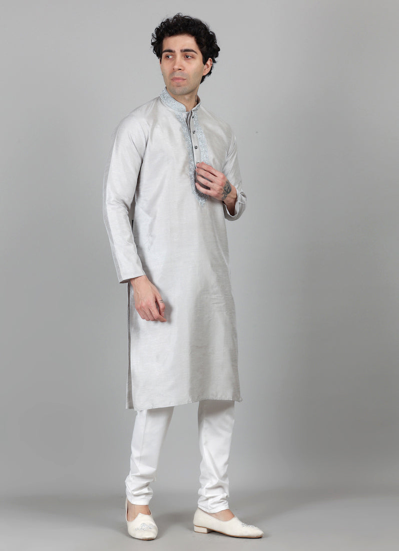 Men's Grey Zari Embroidered Kurta Payjama Set