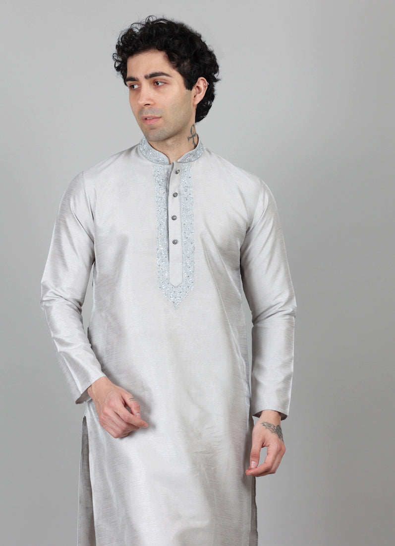 Men's Grey Zari Embroidered Kurta Payjama Set