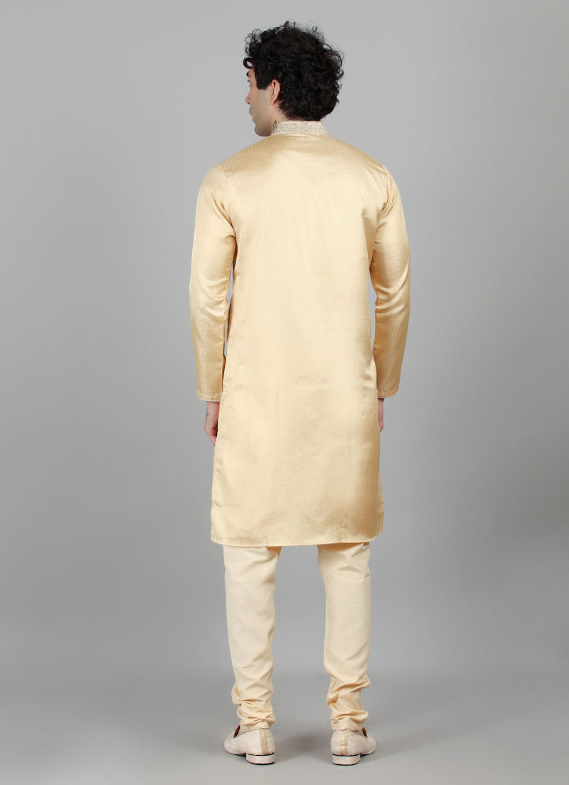 Men's Cream Jacquard Zari Embroidered Kurta Payjama Set