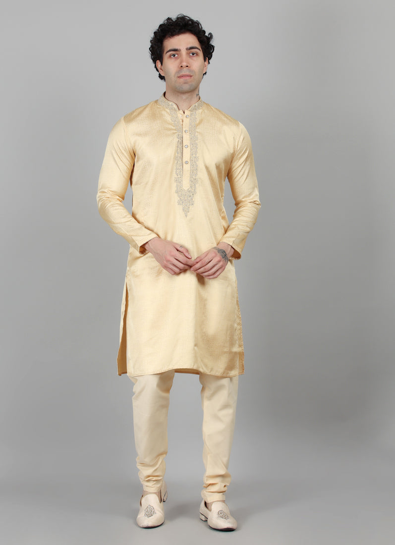 Men's Cream Jacquard Zari Embroidered Kurta Payjama Set