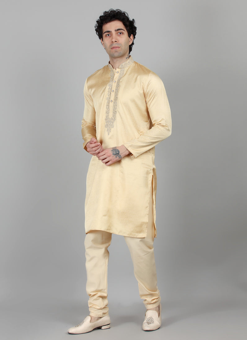 Men's Cream Jacquard Zari Embroidered Kurta Payjama Set
