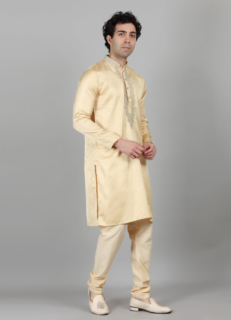 Men's Cream Jacquard Zari Embroidered Kurta Payjama Set