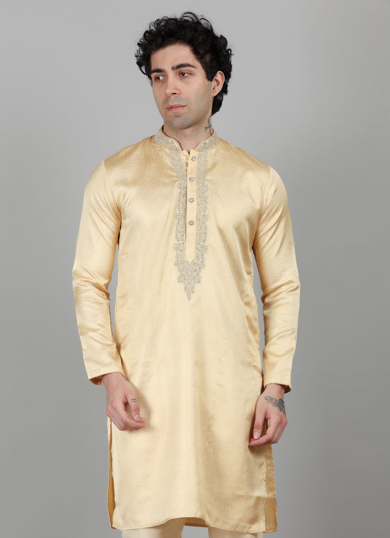 Men's Cream Jacquard Zari Embroidered Kurta Payjama Set