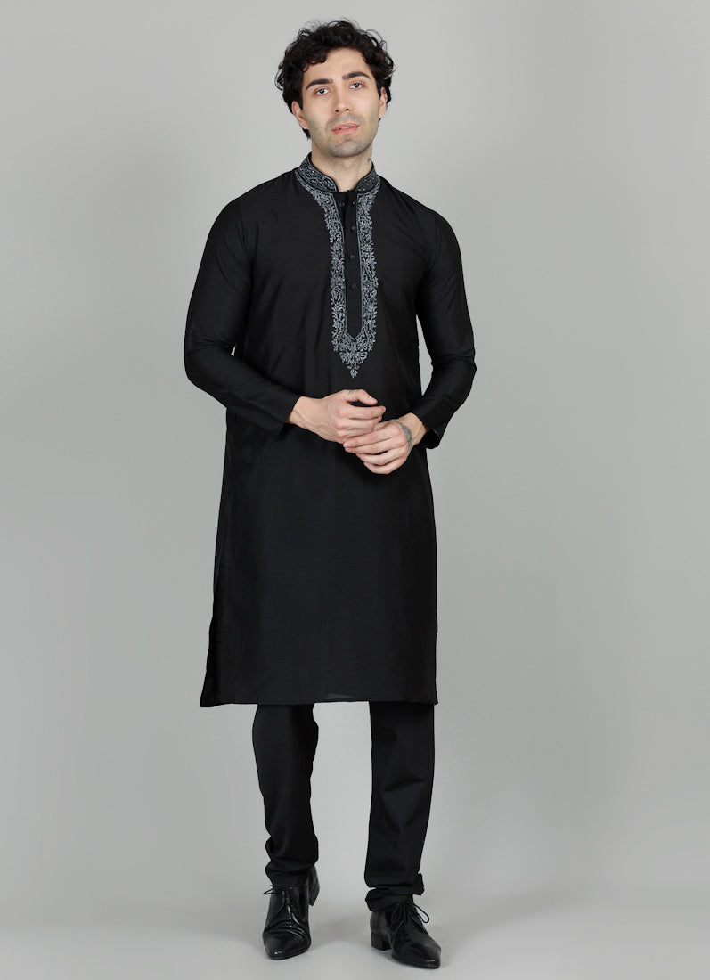Men's Black Zari Embroidered Kurta Payjama Set
