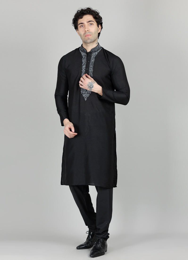 Men's Black Zari Embroidered Kurta Payjama Set