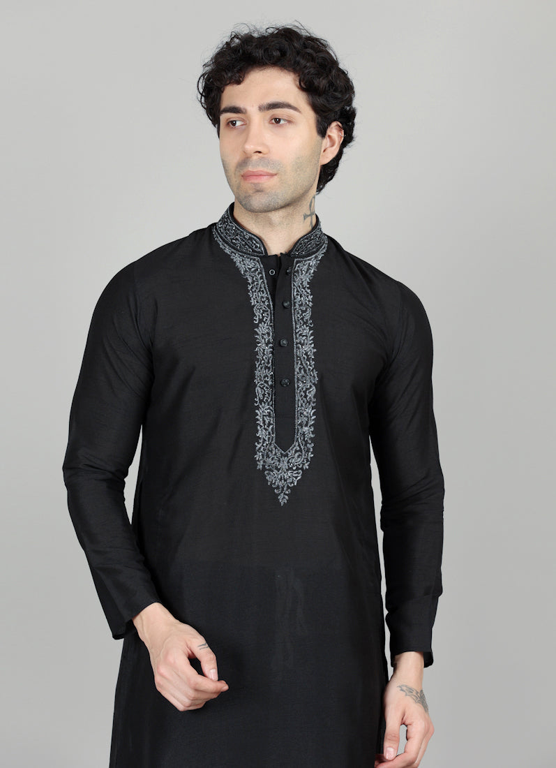 Men's Black Zari Embroidered Kurta Payjama Set